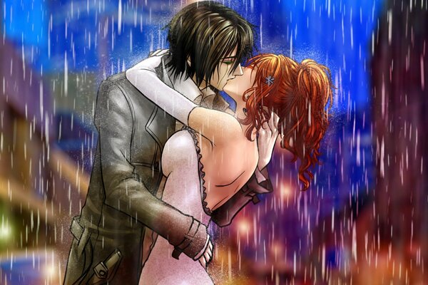 Kissing couple in the rain