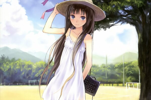 Anime girl in white dress and hat