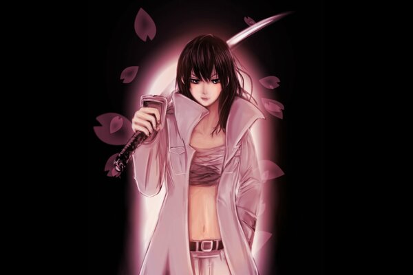 A girl with a katana on a black background