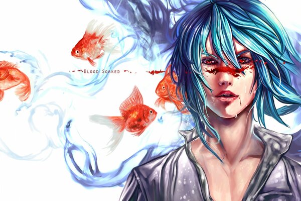 A painted guy with blue hair and fish