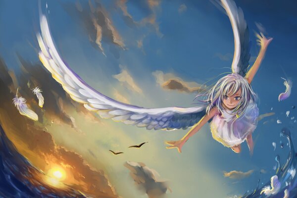 Аниме арт с девушкой ангелом, летящей над морем