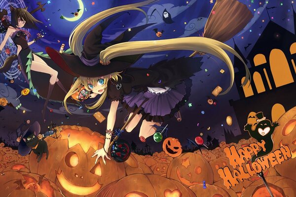 Anime, sorcière dans un chapeau sur un balai dans la nuit d Halloween