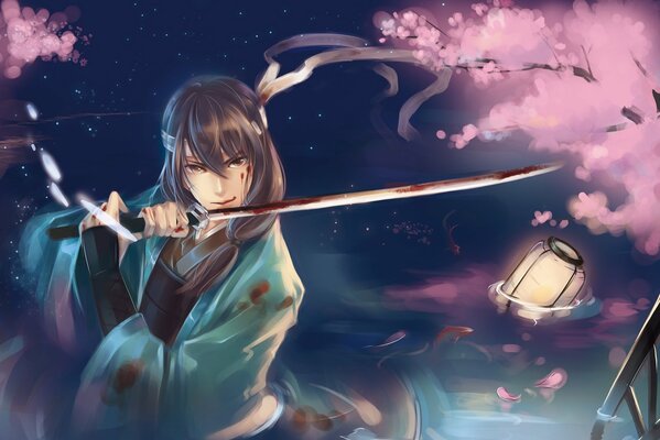 Gintama, katsura kotaro, art, raku kaki, guy, samurai, sword, lantern, katana, petals, sakura, water, blood, fish