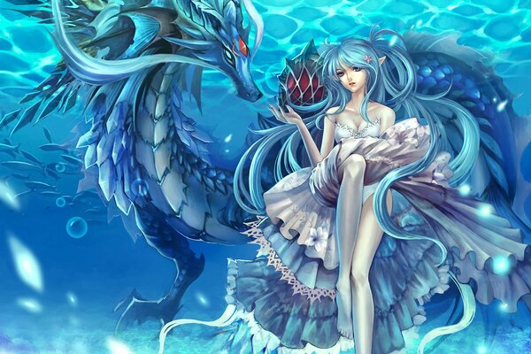 Elf girl with dragon underwater