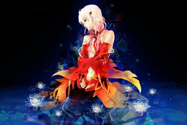 Anime, chica de pelo rosa en el río nocturno con lotos