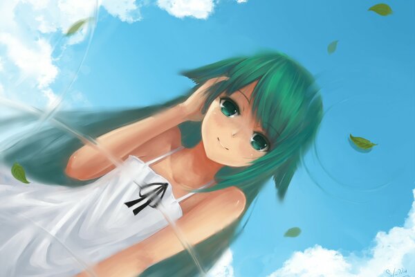 A girl with green hair in the clouds