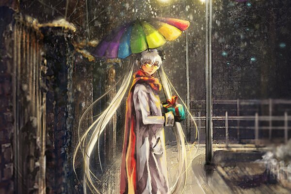 Anime girl sous le parapluie de couleur