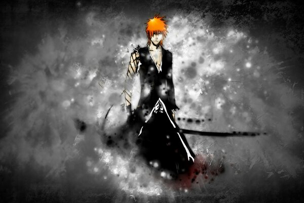 A red-haired warrior with a sword in a black cloak