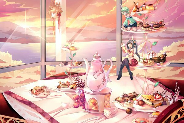 Personajes de anime de hadas en una gran mesa con tazas de té y dulces