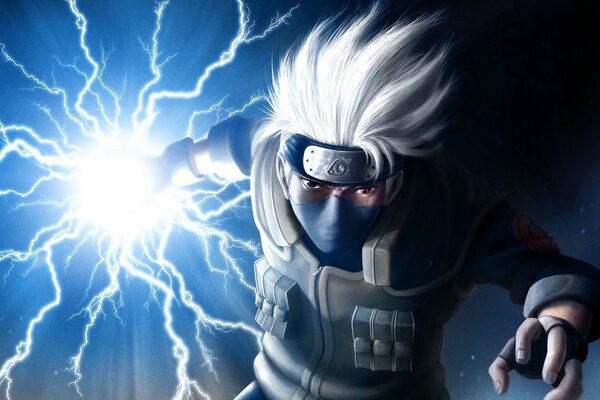 Anime hero with white hair and lightning in his hands