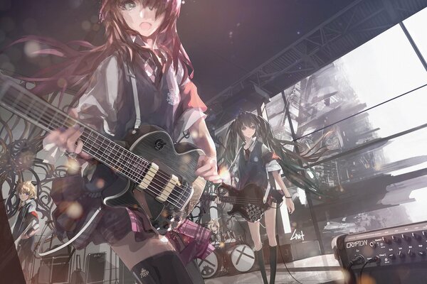 Vocaloides Miku y Luka en uniforme escolar y con guitarras