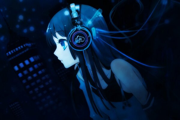 Anime chica en auriculares en azul