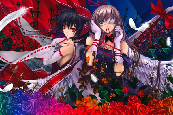 Peinture d art. Filles Misaki kurehito, touhou, Hakurei reimu, yakumo Yukari avec des roses, des rubans