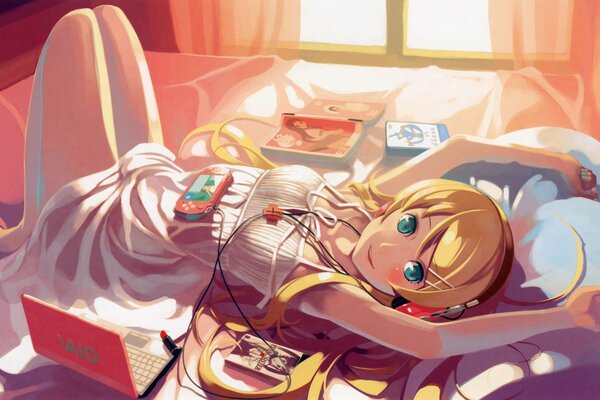 Anime Mädchen liegt mit Laptop