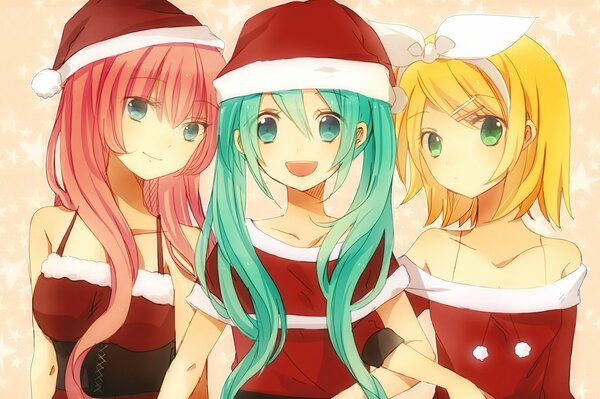 Three anime girls in Christmas costumes