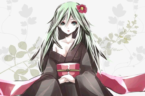 Hatsune miku Mädchen mit einer blume auf dem Kopf, im kimono