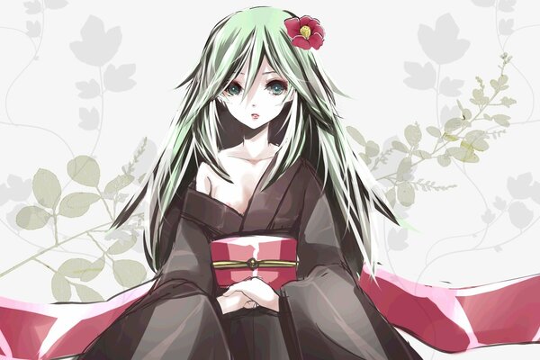 Hatsune miku girl with a flower on her head, in a kimono