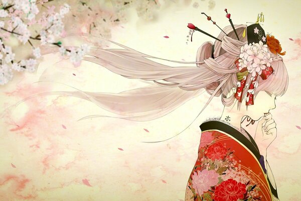 Девушка yache в кимоно весной у сакуры