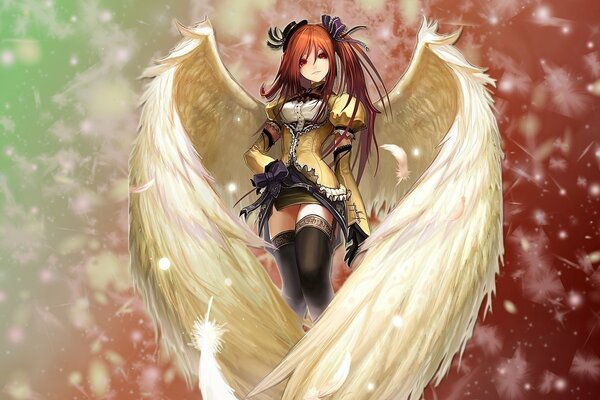 Anime art ange fille avec de grandes ailes blanches