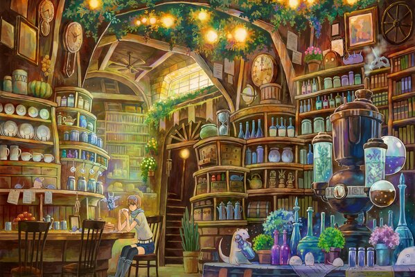 A girl in the laboratory with books and bottles