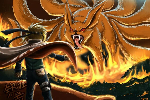 Naruto anime: a young man fights with a nine-tailed monster