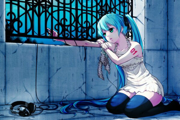 A girl with blue hair and stockings is sitting on the floor