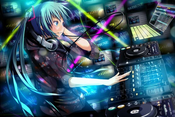 DJ girl with headphones turns on music