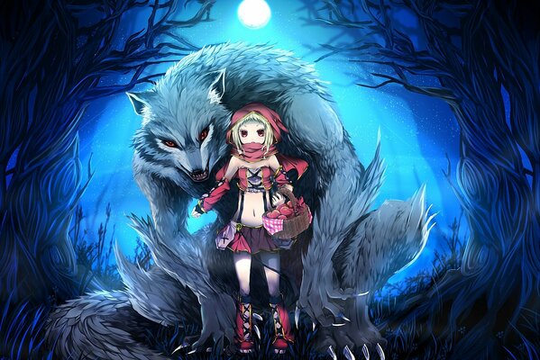 Anime, Czerwony Kapturek w mini spódniczce księżycowej nocy w lesie z wilkiem