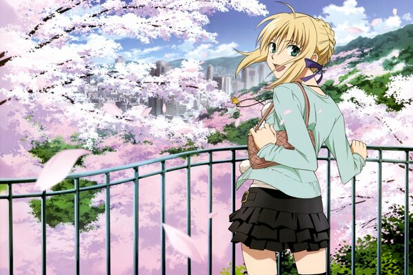 Anime girl in sakura at the railing