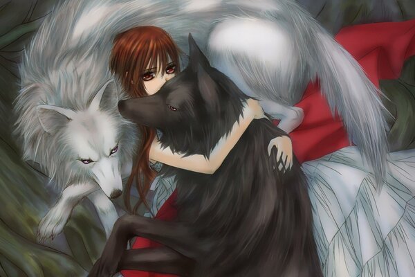 Chica se acurruca con dos lobos