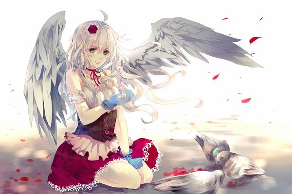 A girl with white wings and rose petals