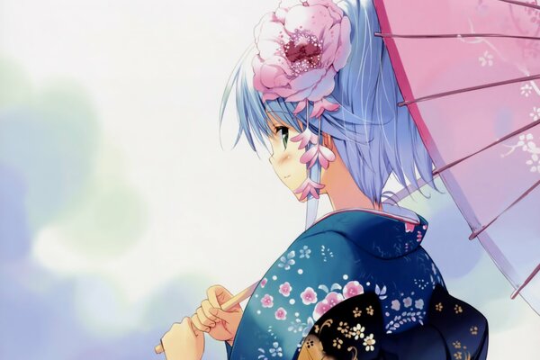 Mädchen mit einer Blume im Haar und einem Regenschirm auf einem Hintergrund