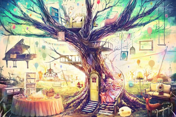 Monde de conte de fées avec arbre magique de l anime