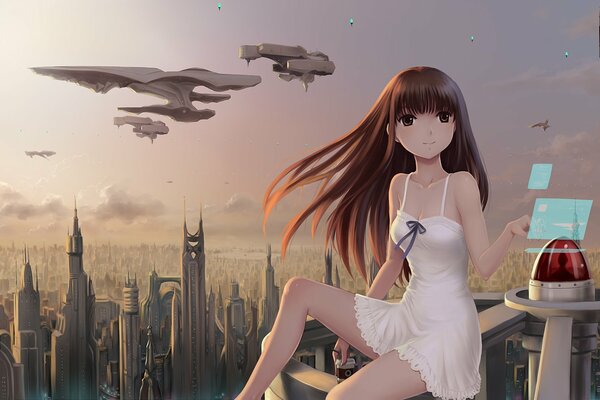 Art with a girl in the future with flying ships