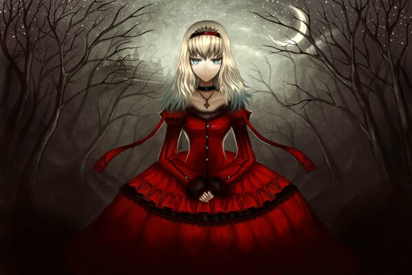 Девушка в красном платье с кулоном в ночи
