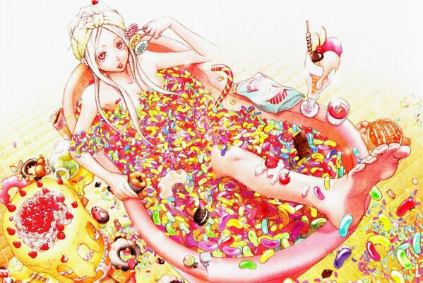 Девушка в ванной со сладостями