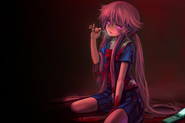 Lonely yuno gasai with pink eyes