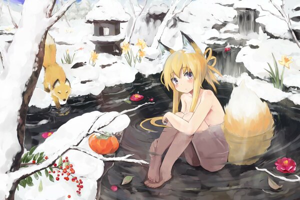 Das Mädchen ist ein Fuchs im Winterteich