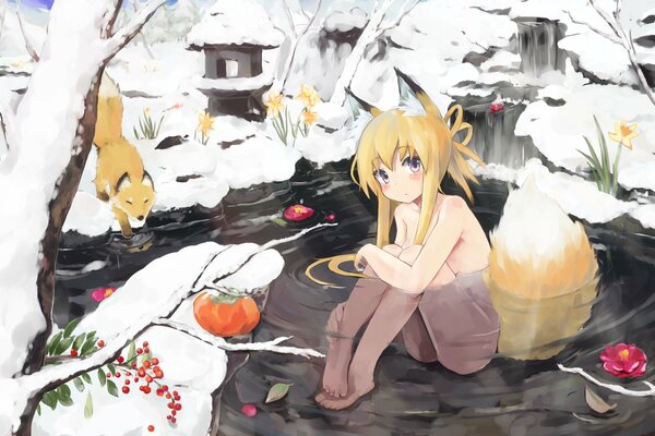 The fox girl in the winter pond