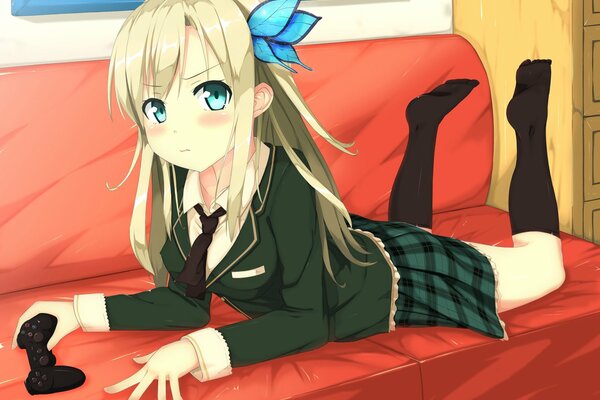 Girl in school uniform on the couch