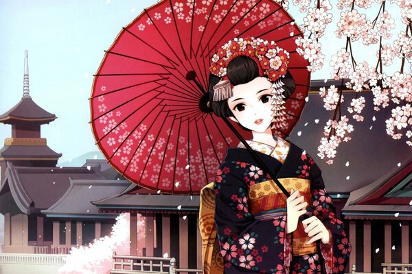 Geisha con paraguas rojo bajo Sakura