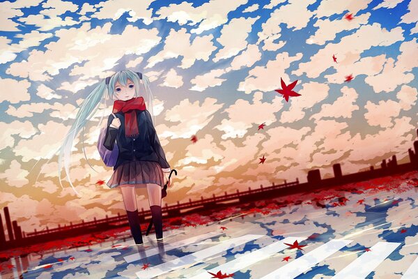 Anime fille avec parapluie dans la ville d automne