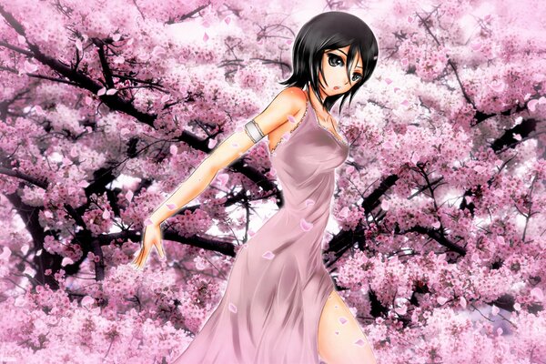 The image of a girl from the anime on the background of sakura