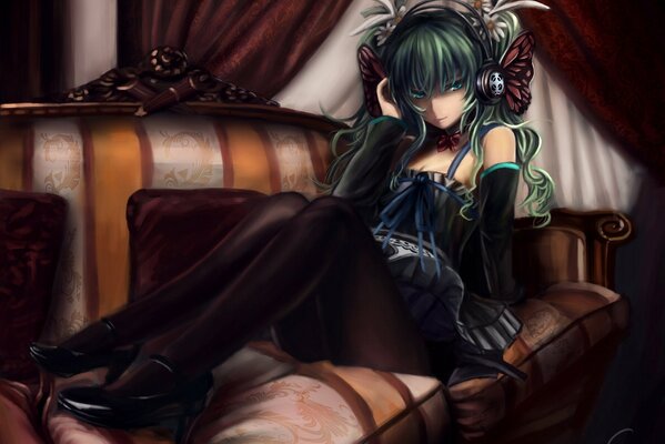 Anime girl with headphones on the couch