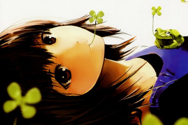 Art painting. Nauribon girl holds a lucky clover leaf