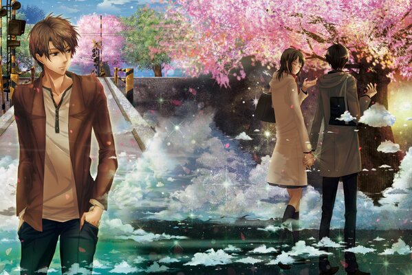 Girls on the background of cherry blossoms