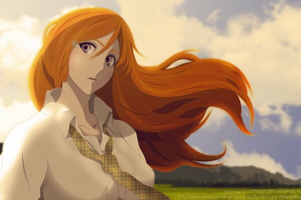 Anime, red-haired beauty on the background of mountains , on a clear summer day