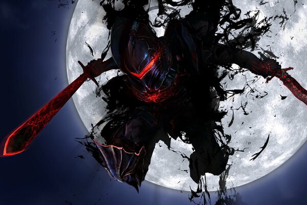 A demon in armor and armor on the background of the moon