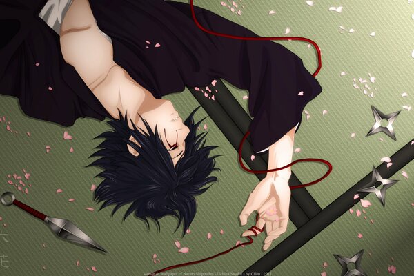 Naruto , red thread and rose petals