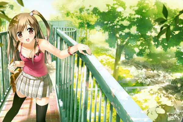 Anime, chica en el puente en el fondo de la naturaleza